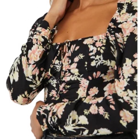 Free People Hilary Floral Print Long Puffed Sleeve Tie Back Smocked - Picture 4 of 16